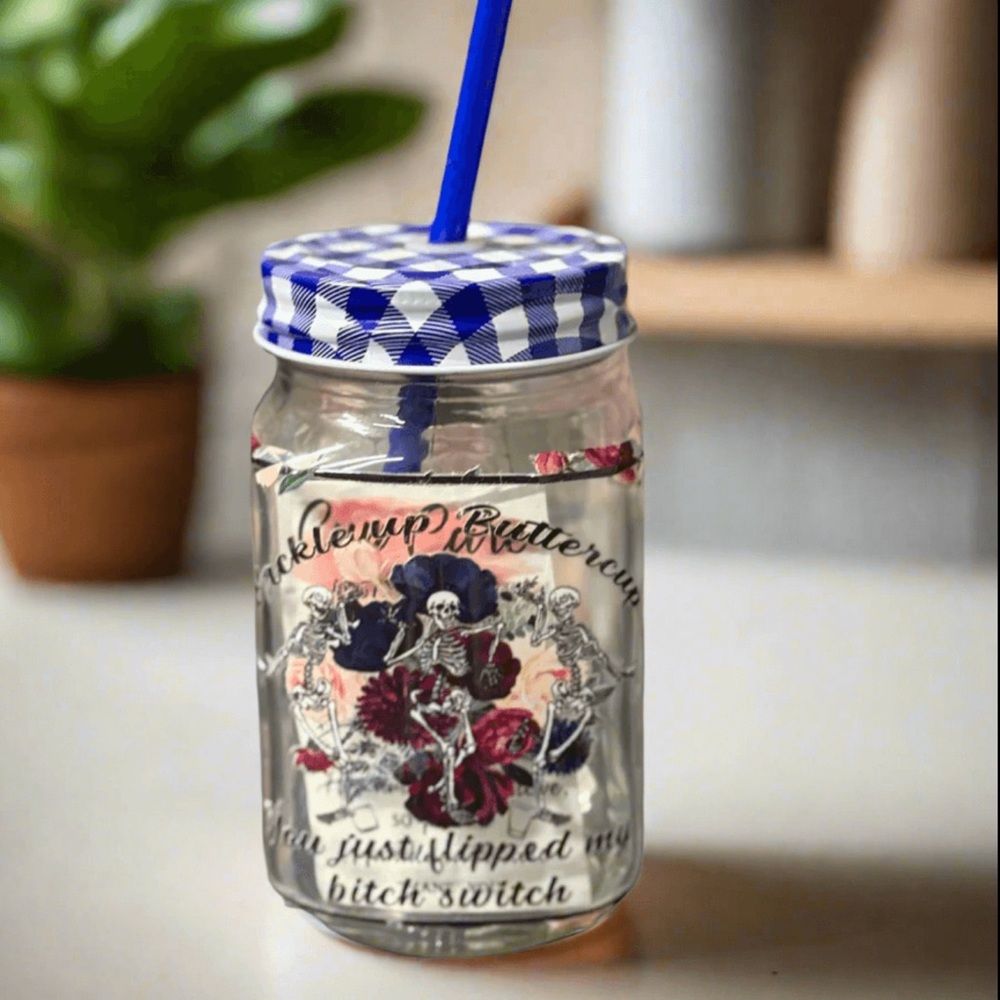 Buckle up buttercup Handmade Blue and White‎ Checkered Mason Jar with Straw